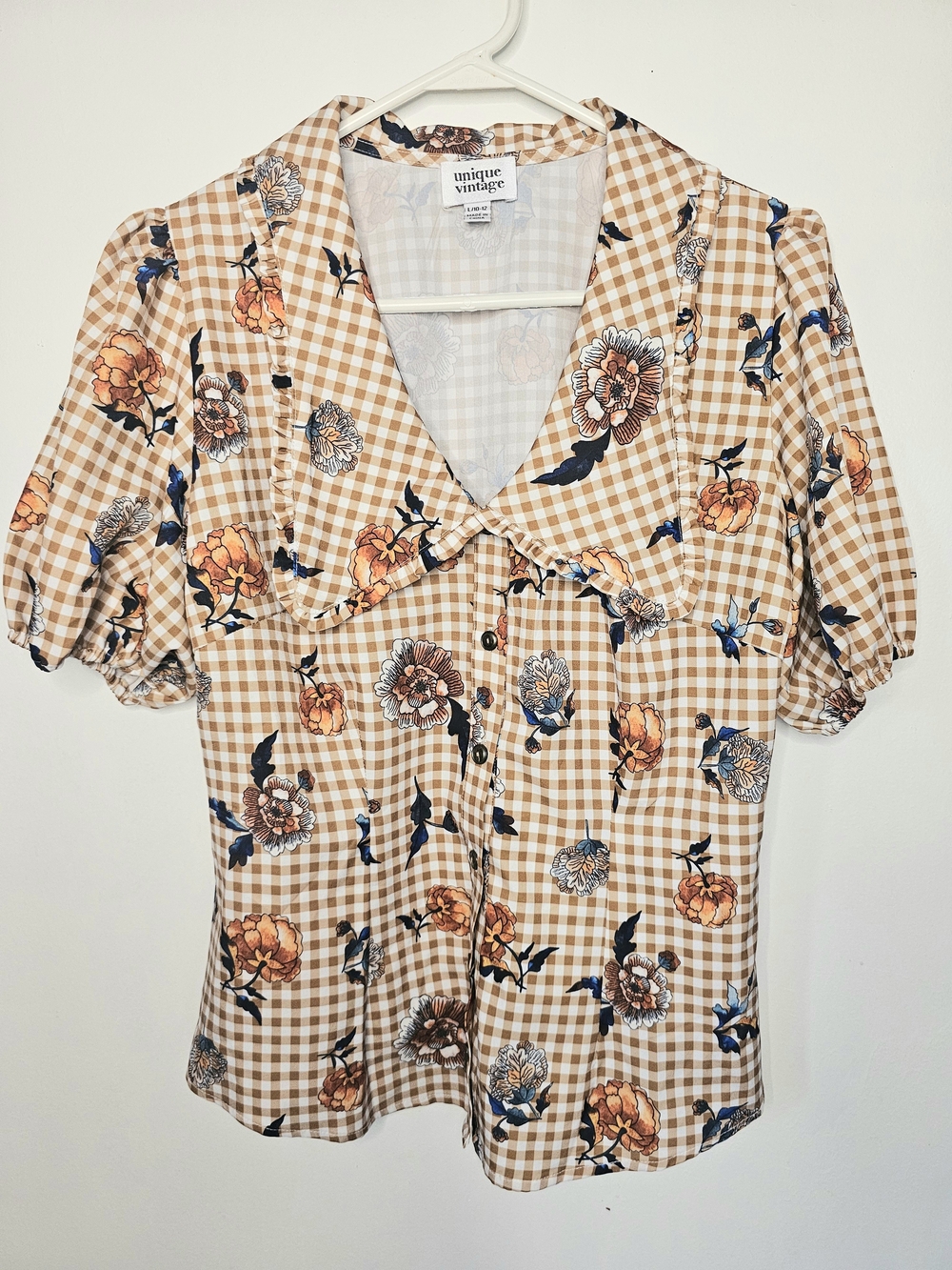 Unique Vintage Floral Gingham Blouse Large Cottagecore Puff Sleeve
